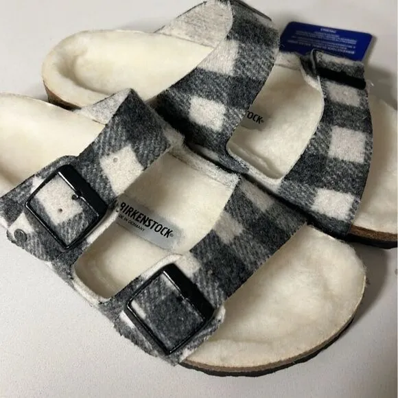 Birkenstock Arizona Plaid Shearling Sandals Black Wool Unisex Casual