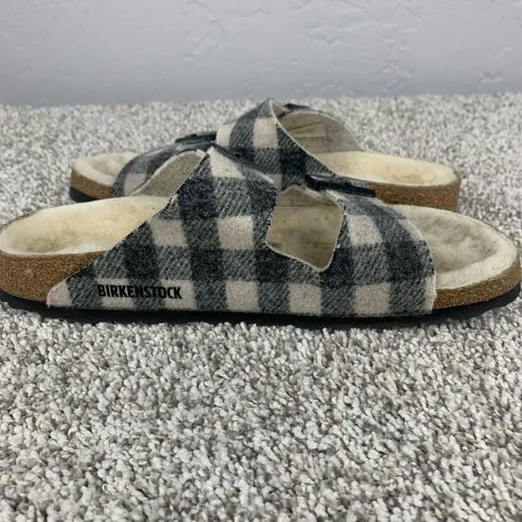Birkenstock Arizona SBF Womens Size 9.5 Plaid Shearling Black Slide Sandals