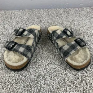 Birkenstock Arizona SBF Womens Size 9.5 Plaid Shearling Black Slide Sandals