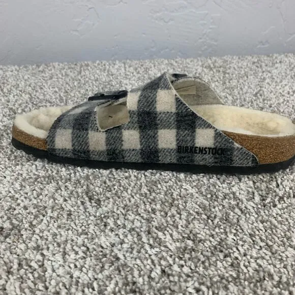 Birkenstock Arizona SBF Womens Size 9.5 Plaid Shearling Black Slide Sandals