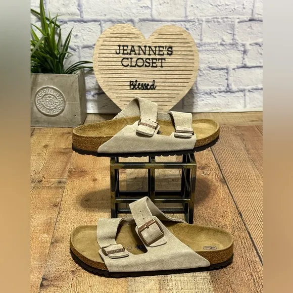 Birkenstock Arizona Soft Footbed Taupe Suede Leather Casual Unisex's Sandals