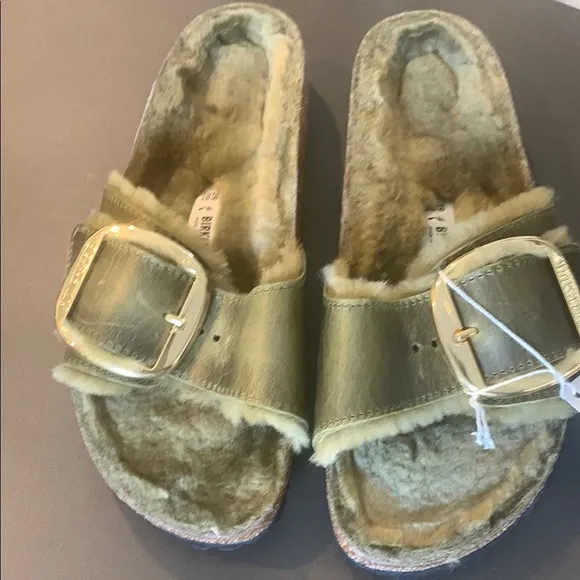 Birkenstock green Shearling Slide Sandals