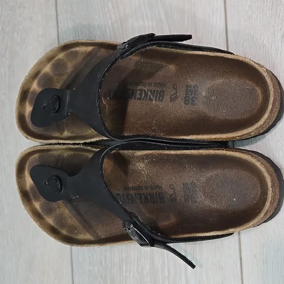 Birkenstock Women Gizeh Thong Black Leather Sandals Shoes Sz 38/7 Regular