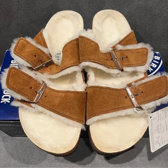 Birkenstock Women’s Arizona Shearling Sandals Suede Leather Mink Size 10