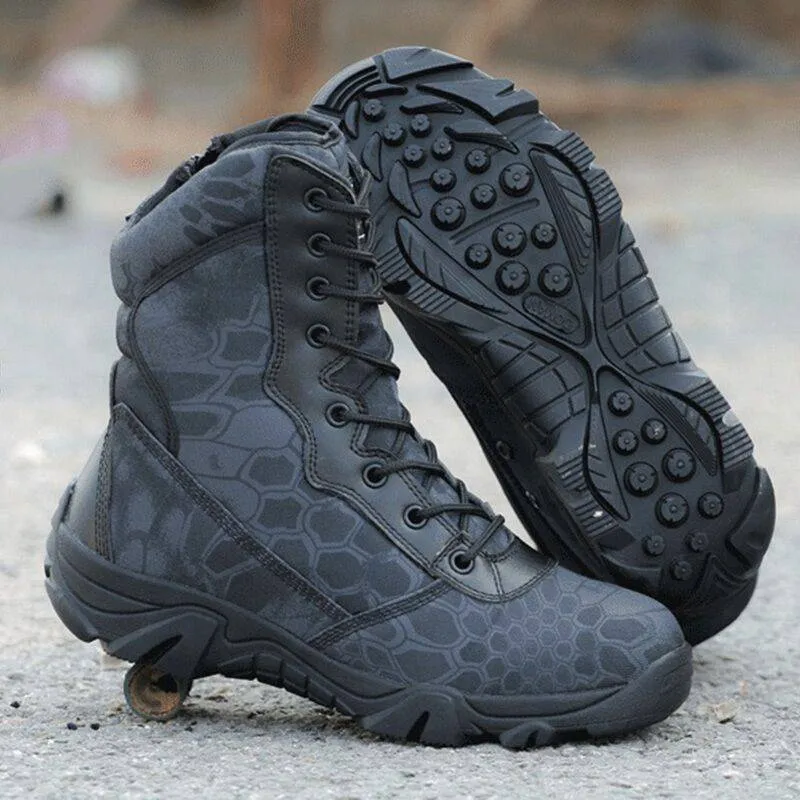 Black Python Military Tactical Boots with Snake Pattern and Waterproof Features