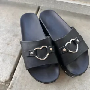 Black Slide Sandals with Heart Accent