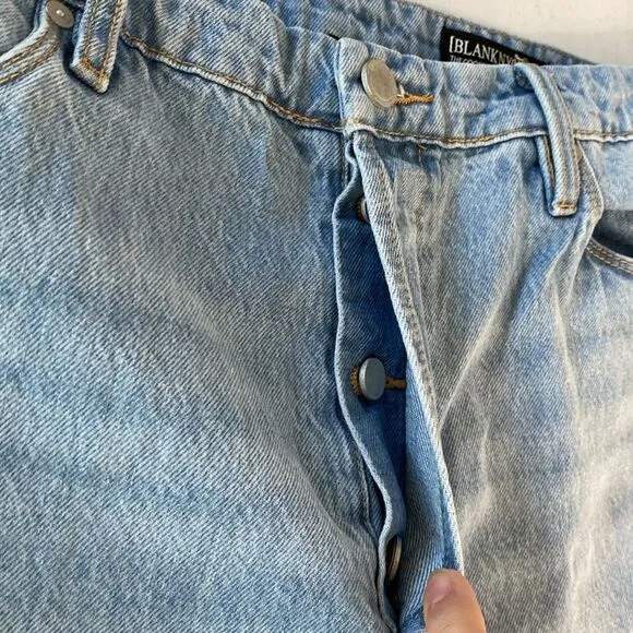 Blank NYC The Cooper Slim Straight Leg High Rise Button Fly Jeans Slit Hem Rigid