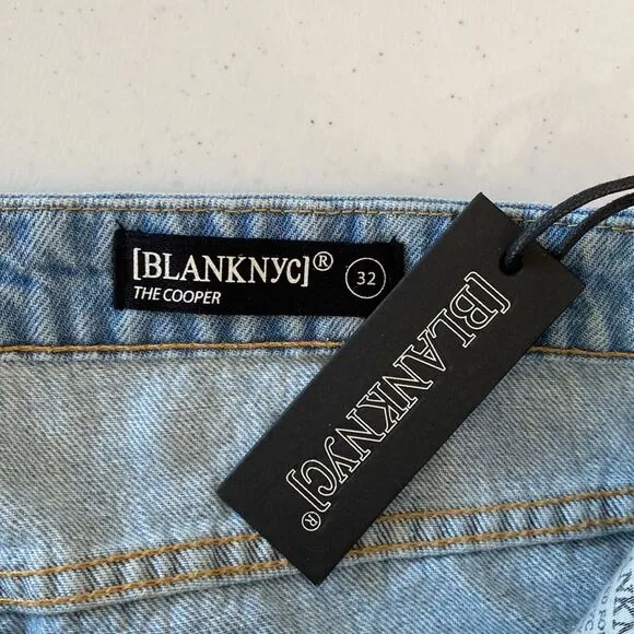 Blank NYC The Cooper Slim Straight Leg High Rise Button Fly Jeans Slit Hem Rigid