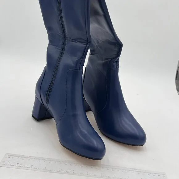Blue Chic Knee High Boots Stretch Side Zipper Closed Toe Block Heels Winter Shoe