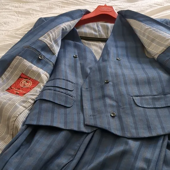 Blue Striped Suit with Black Leather Shoes