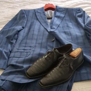 Blue Striped Suit with Black Leather Shoes