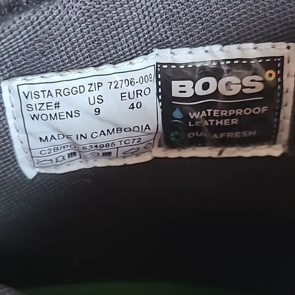 Bogs VISTA RUGGED Side Zip Hiker Boot Black Gray Women's Size US 9 EU 40