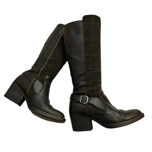 Born Black Leather &amp; Plaid Wool Heeled Tall Equestrian Boots Size 6