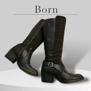 Born Black Leather &amp; Plaid Wool Heeled Tall Equestrian Boots Size 6