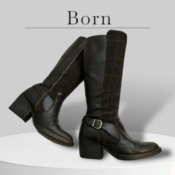 Born Black Leather &amp; Plaid Wool Heeled Tall Equestrian Boots Size 6