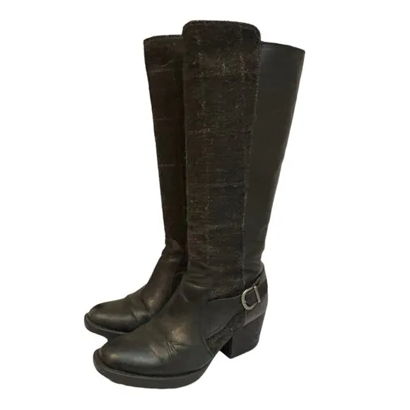 Born Black Leather &amp; Plaid Wool Heeled Tall Equestrian Boots Size 6