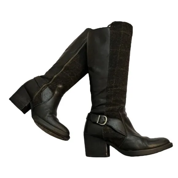 Born Black Leather &amp; Plaid Wool Heeled Tall Equestrian Boots Size 6