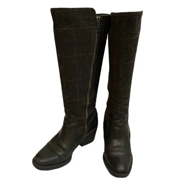 Born Black Leather &amp; Plaid Wool Heeled Tall Equestrian Boots Size 6