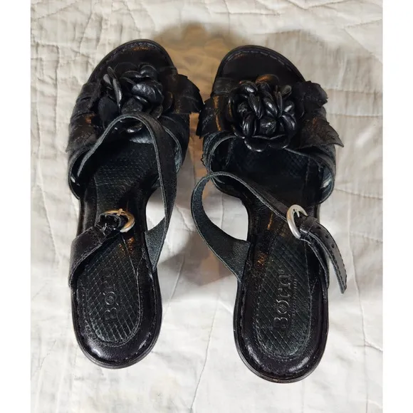 BORN Black Leather Cornflower Heeled Strappy Slide Sandals $135 US 7 EU 38