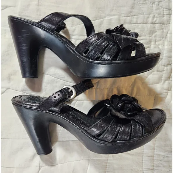 BORN Black Leather Cornflower Heeled Strappy Slide Sandals $135 US 7 EU 38