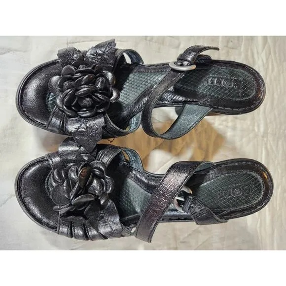 BORN Black Leather Cornflower Heeled Strappy Slide Sandals $135 US 7 EU 38