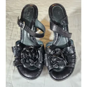 BORN Black Leather Cornflower Heeled Strappy Slide Sandals $135 US 7 EU 38