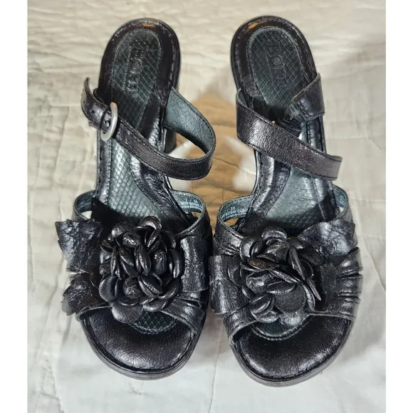 BORN Black Leather Cornflower Heeled Strappy Slide Sandals $135 US 7 EU 38