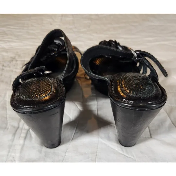 BORN Black Leather Cornflower Heeled Strappy Slide Sandals $135 US 7 EU 38