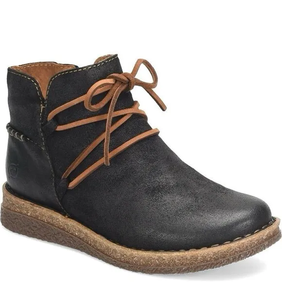 BORN Calyn Boot Black Distressed Leather Tie Side Zip Women 10 Boho Rustic