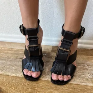 Bottega Veneta Leather Fringe Buckle Heels Sandals 38 size 7.5 - New without box