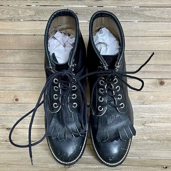 Boys Justin Kittie Fringe Black Leather Casual Vintage Combat Boots Size 5 D GUC