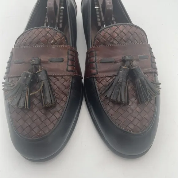 Bragano Mens Shoes Size 10M Black Brown Leather Full Strap Woven Tassel Loafers