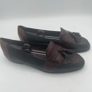 Bragano Mens Shoes Size 10M Black Brown Leather Full Strap Woven Tassel Loafers