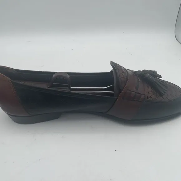 Bragano Mens Shoes Size 10M Black Brown Leather Full Strap Woven Tassel Loafers