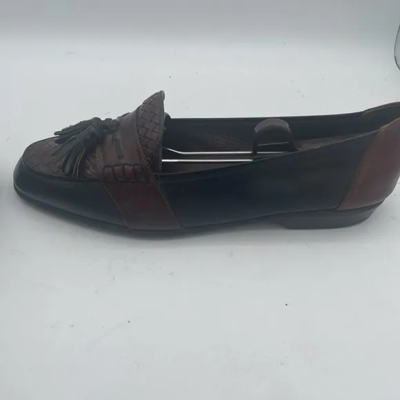 Bragano Mens Shoes Size 10M Black Brown Leather Full Strap Woven Tassel Loafers