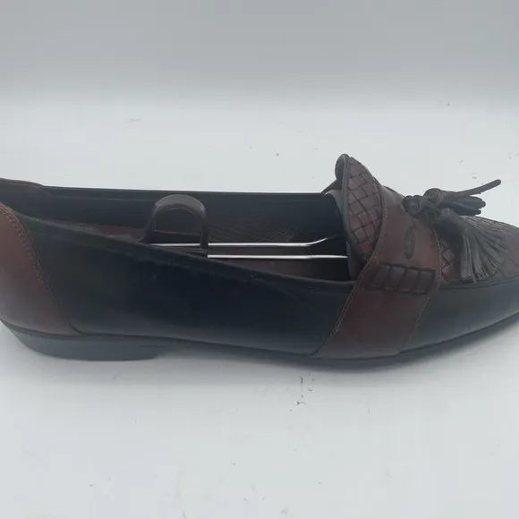 Bragano Mens Shoes Size 10M Black Brown Leather Full Strap Woven Tassel Loafers