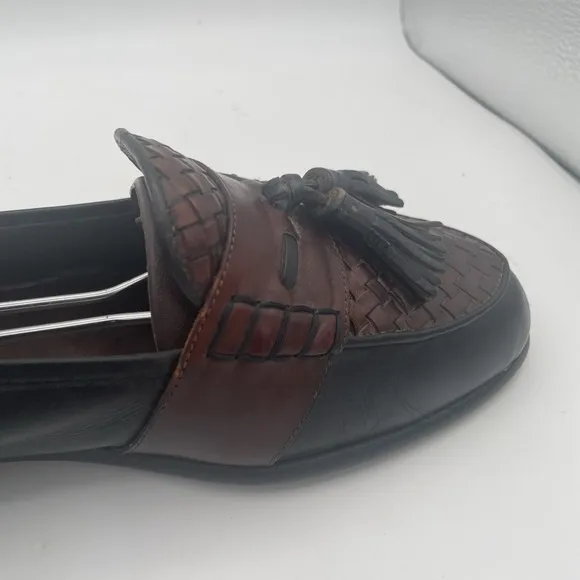 Bragano Mens Shoes Size 10M Black Brown Leather Full Strap Woven Tassel Loafers