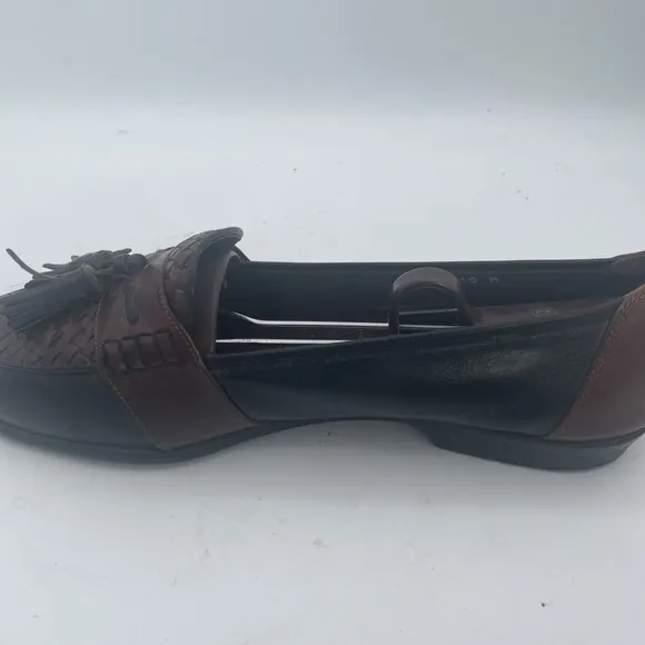 Bragano Mens Shoes Size 10M Black Brown Leather Full Strap Woven Tassel Loafers