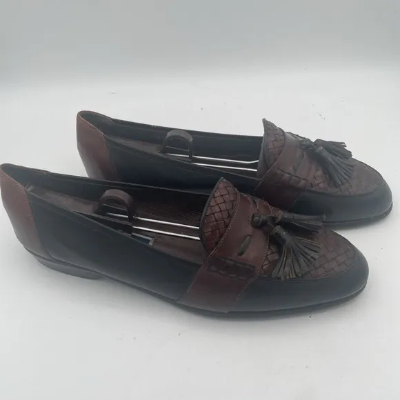 Bragano Mens Shoes Size 10M Black Brown Leather Full Strap Woven Tassel Loafers