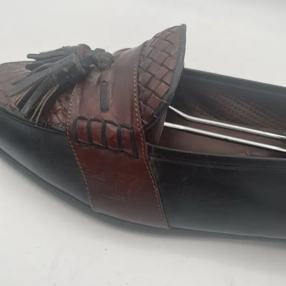Bragano Mens Shoes Size 10M Black Brown Leather Full Strap Woven Tassel Loafers
