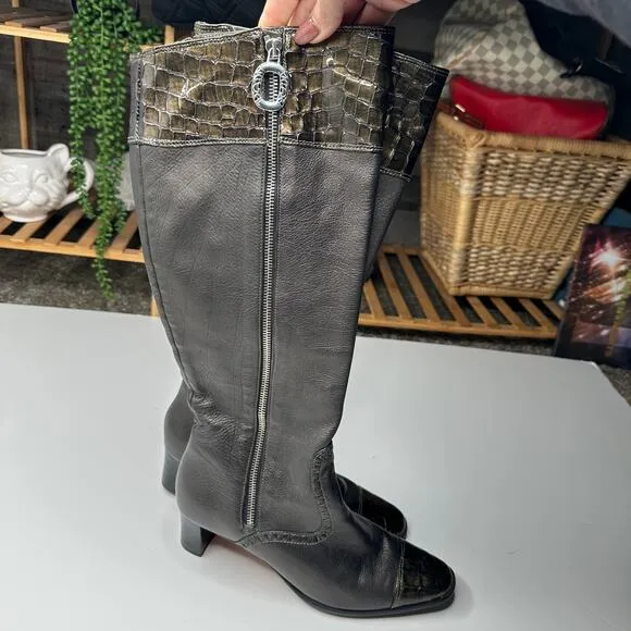 Brighton Torch  Leather Pewter Embossed Knee High Zipper Boots