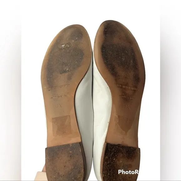 Burberry women's white round toe 100% leather ballet flat shoes size 37.5
