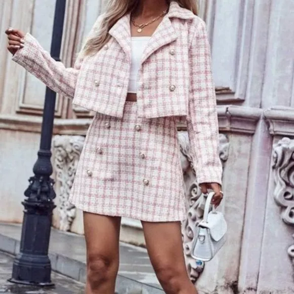 Button Detail Plaid Tweed mini Skirt