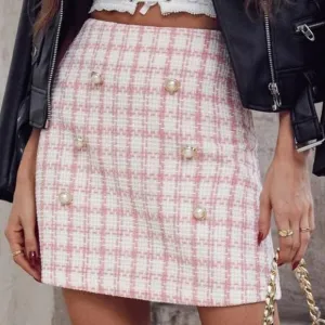 Button Detail Plaid Tweed mini Skirt