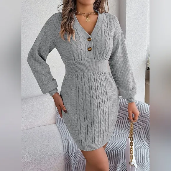 Cable Waffle Knit Blend Sweater Dress Buttoned V-neck Long Sleeve Mini Gray