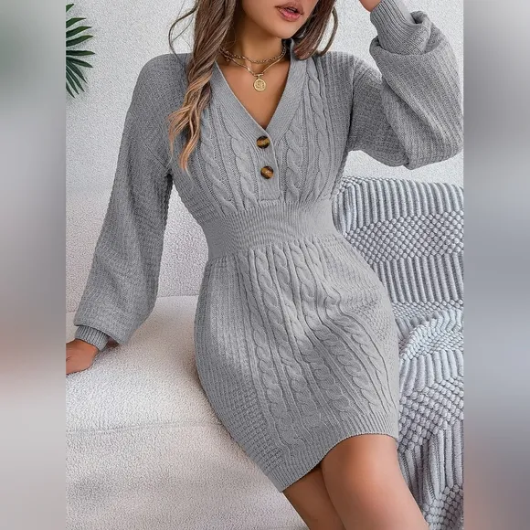 Cable Waffle Knit Blend Sweater Dress Buttoned V-neck Long Sleeve Mini Gray