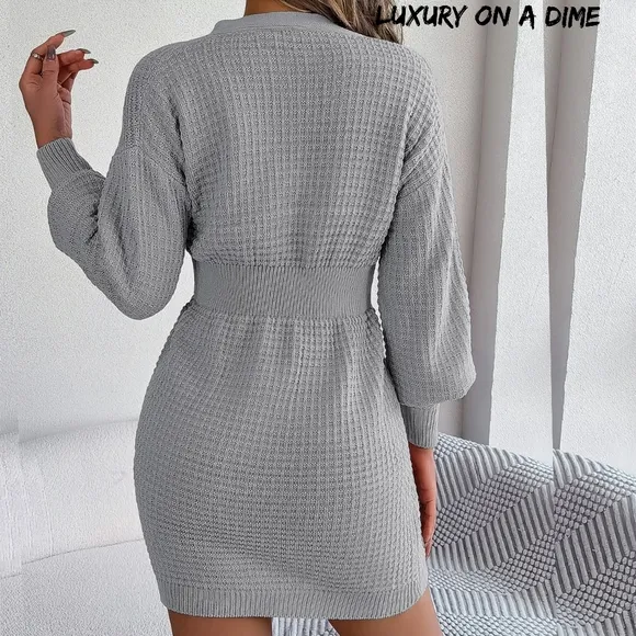 Cable Waffle Knit Blend Sweater Dress Buttoned V-neck Long Sleeve Mini Gray