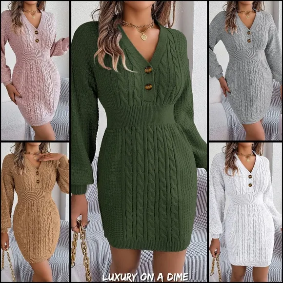 Cable Waffle Knit Blend Sweater Dress Buttoned V-neck Long Sleeve Mini Gray