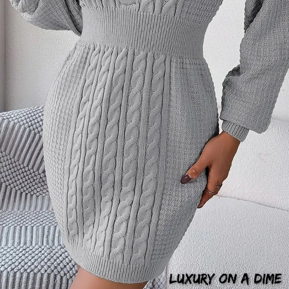Cable Waffle Knit Blend Sweater Dress Buttoned V-neck Long Sleeve Mini Gray