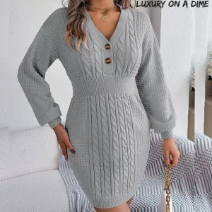 Cable Waffle Knit Blend Sweater Dress Buttoned V-neck Long Sleeve Mini Gray